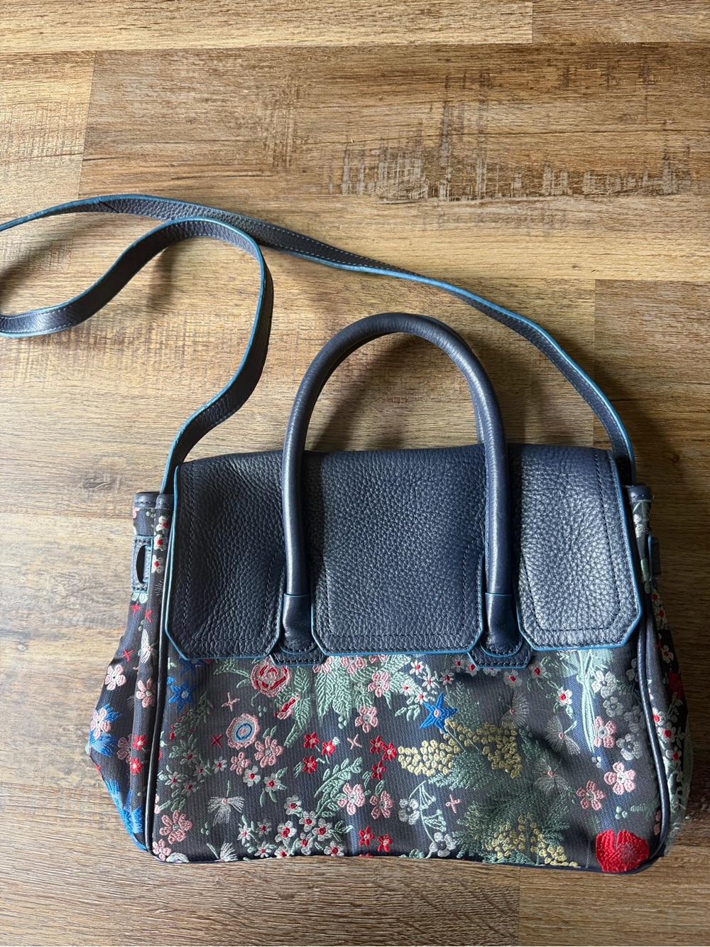 Sam Edelman Navy Floral Top-Handle Satchel with Crossbody Strap